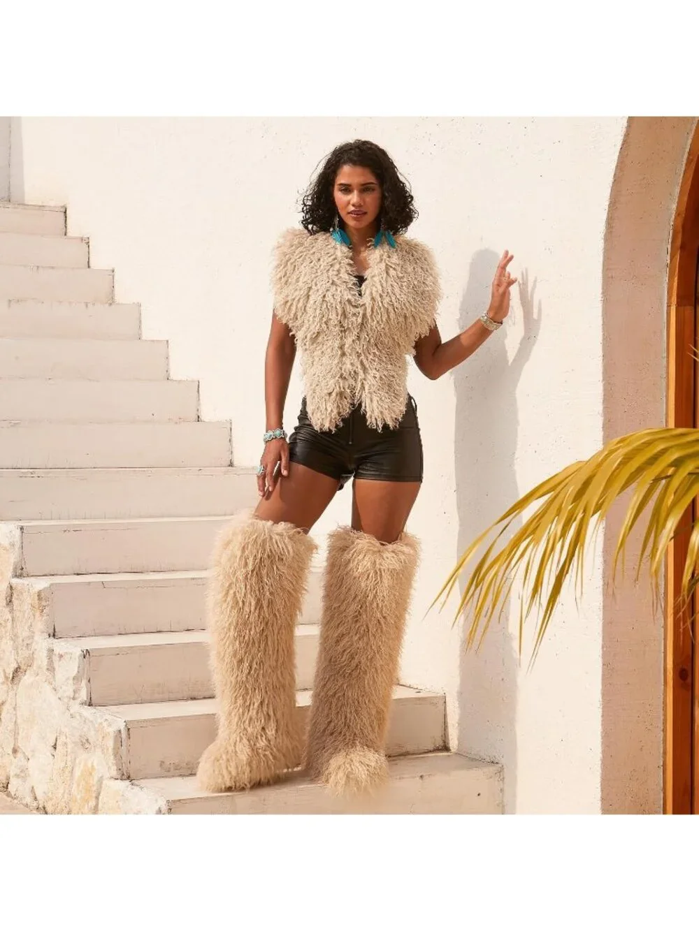 Women's Khaki Shaggy Faux Furry Fuzzy Fluffy Flat Knee-High Slouchy Snow Boot